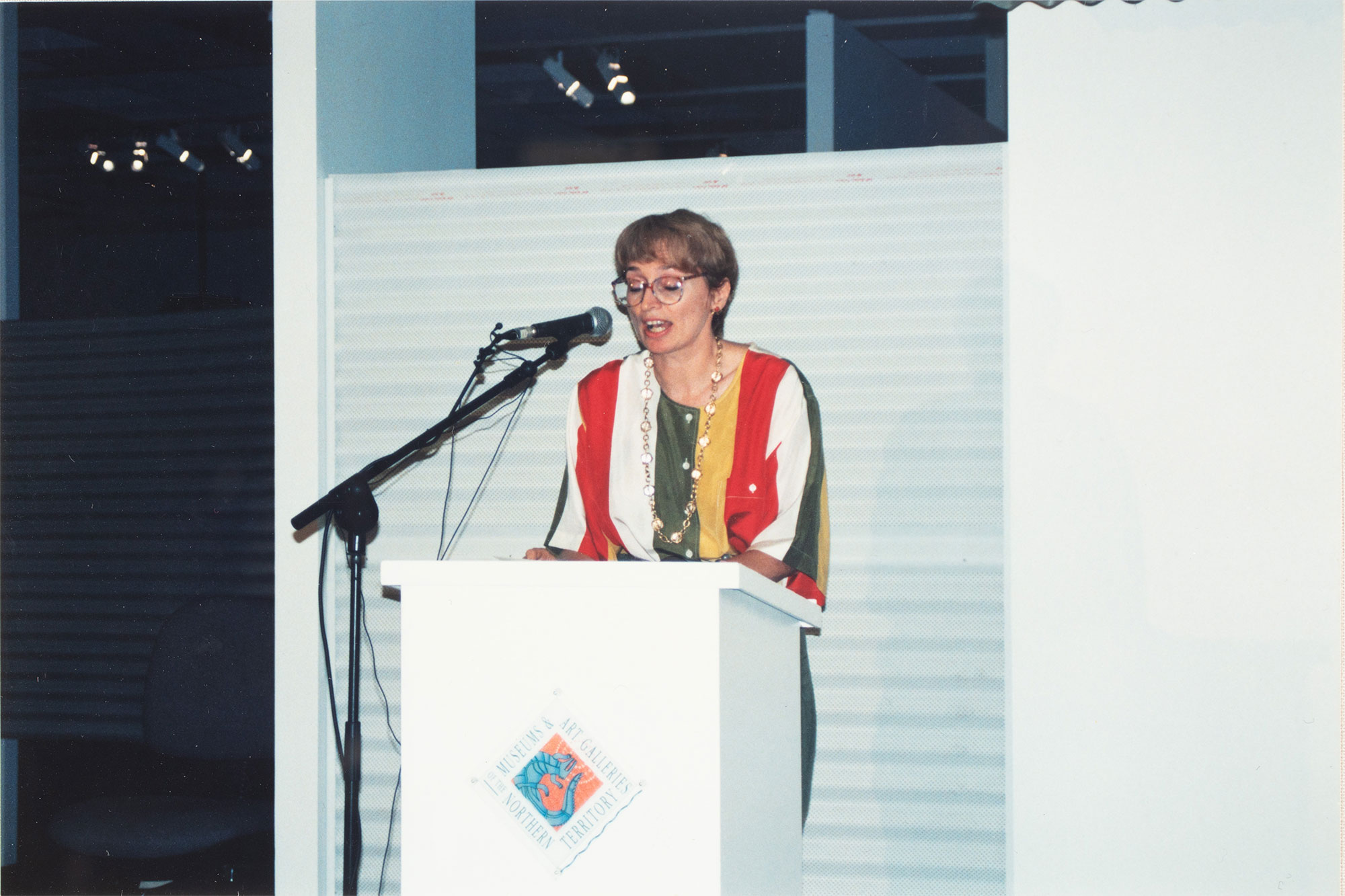 Image courtesy of Library & Archives NT, NT Archives Service Photographic collection, Accession 2025/15, unit 3, Item 63] Image 16 Jacqueline Healy, Museum Director, Cyclone Tracy exhibition opening MAGNT,  15 November 1994