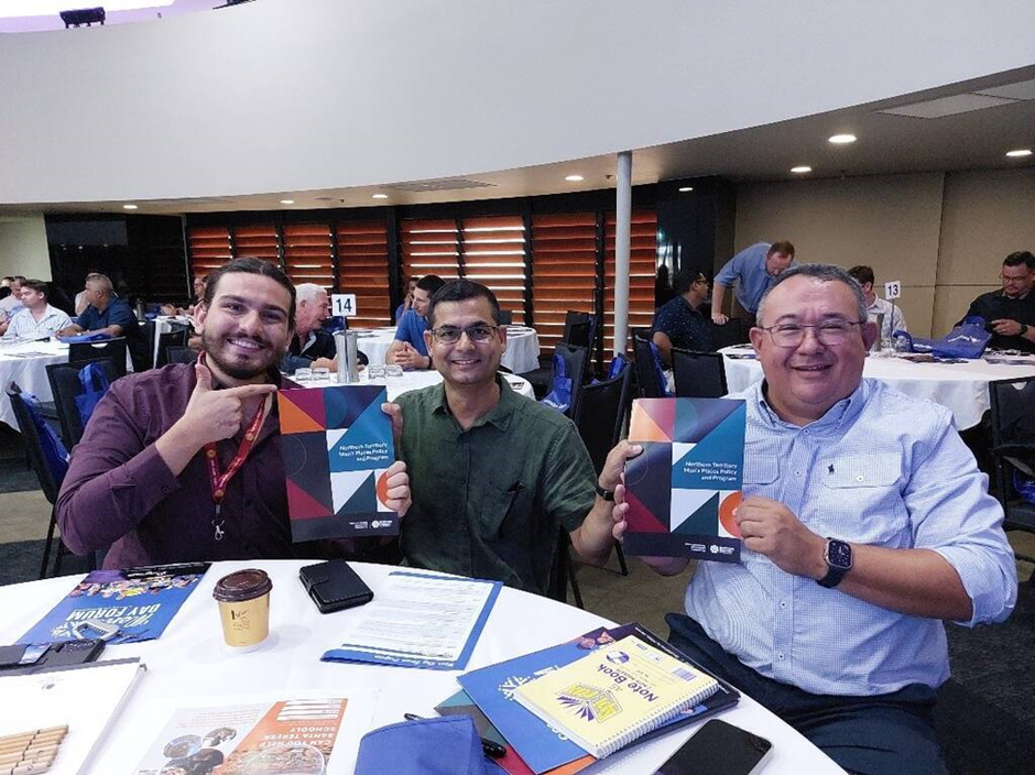 Alexander Storey, Dilli Binadi and Anthony Ah Mat (Men’s Places Engagement Officer) from Territory Families, Housing and Communities at the International Men’s Day Forum held in Darwin on 18 November 2022 where Minister for Equality and Inclusion, Hon Lauren Moss MLA, launched the Men’s Places Policy and Program.